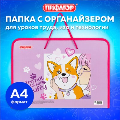 Папка для труда на молнии с ручками ПИФАГОР А4, 1 отделение, пластик, органайзер, "Fluffy akita", 272227