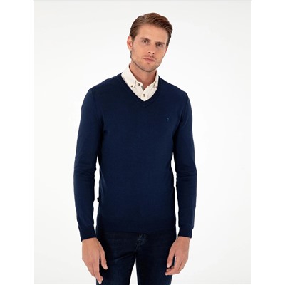 Открытый темно -синий Slim Fit V Neck Basic вязаной свитер