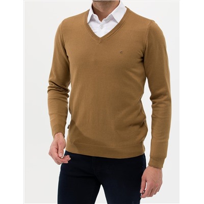 Camel Melange Slim Fit V-образный свитер с V-образным вырезом Базовый трикотажный