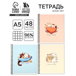 Тетрадь А5, 48 л на спирали, внутренний блок №1 МИКС «Аниме котики»