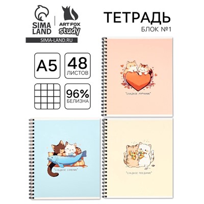 Тетрадь А5, 48 л на спирали, внутренний блок №1 МИКС «Аниме котики»