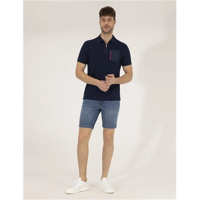 Темно -синий синий тонкий zipper polo yaka t -красавица