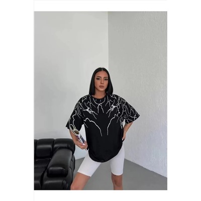 Футболка Oversize с круглым вырезом унисекс с принтом - черная