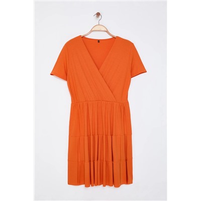 Orange v -neck Stakter вязание платья большого размера TBBSS22EL1638