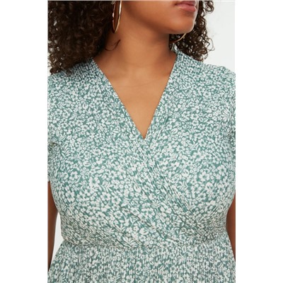 Зеленый v -v -neck цветочный рисунок вязание для большого размера платье TBBSS22EL1638