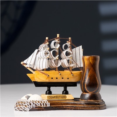 Карандашница дерево с моделью корабля «Парусник и сети», 6.5×14×11.5 см, МИКС