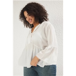 Белый V -neck с длинным рукавом текстурированная пеплюма сплетенная блузка с большим размером TBBSS25AF00042