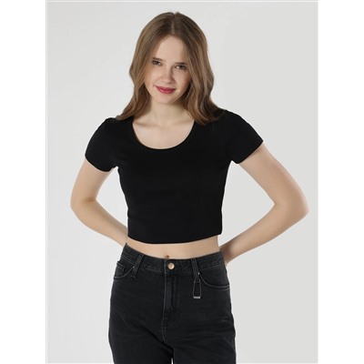 Slim Fit круглая воротника плоская женщина черная короткая рука T -For
