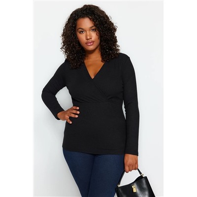Black Cruve V -yaka Bürümcük вязание Blought Blouse TBBAW24AF00031