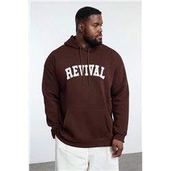 Brown Unisex Большой размер негабаритный/широкий нарезка, напечатанный внутри флисовой хлопковой толстовки TMNAW24AO00021
