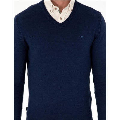 Открытый темно -синий Slim Fit V Neck Basic вязаной свитер