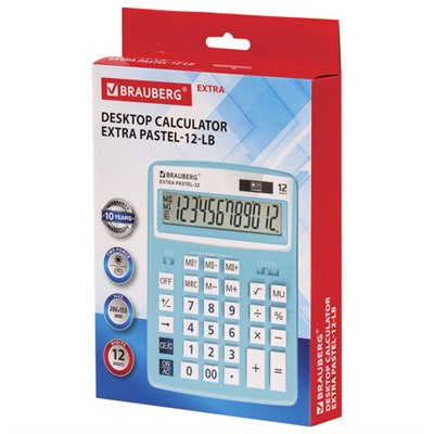 Калькулятор настольный BRAUBERG EXTRA PASTEL-12-LB (206x155 мм), 12 разрядов, двойное питание, ГОЛУБОЙ, 250486