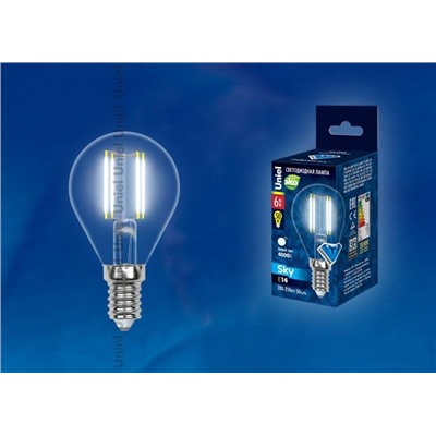 Нарушена упаковка.   Филаментная светодиодная лампа E14 6W 4000K (белый) Sky Uniel LED-G45-6W-NW-E14-CL PLS02WH (UL-00001371) LED-G45-6W/NW/E14/CL PLS02WH картон