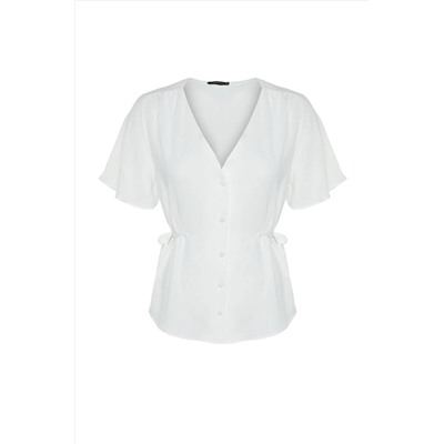 Ecru Weaving v -neck -связывающая блузка TBBSS22BZ0753