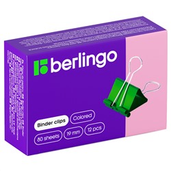 Зажимы для бумаг 19мм, Berlingo, 12шт., цветные, картонная коробка