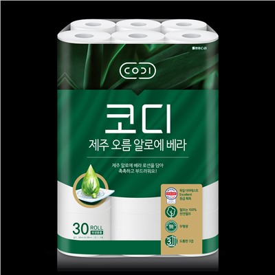 SSANGYONG Ультрамягкая туалетная бумага "CODI - Aloe" с лосьоном Алоэ Вера (трёхслойная, с тисненым рисунком) 30 м х 30 рулонов / 3