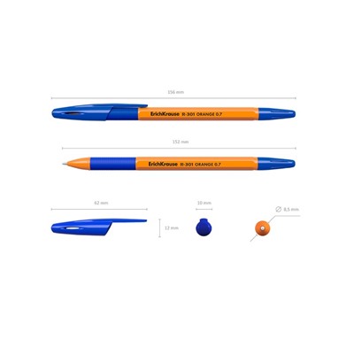 Набор ручек шариковых 3 штуки ErichKrause R-301 Orange Stick & Grip, узел 0.7 мм, чернила синие, резиновый упор, длина линии письма 1000 метров, европодвес