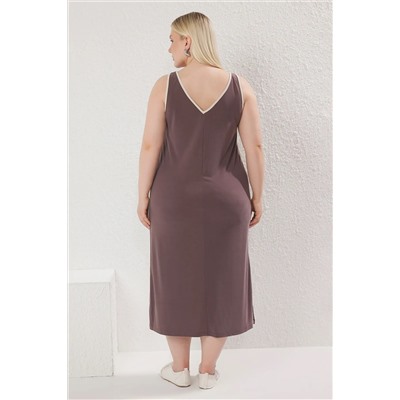 Brown v -neck модальный гибкий вязаный вязание литья Большой размер платье TBBSS25AH00207