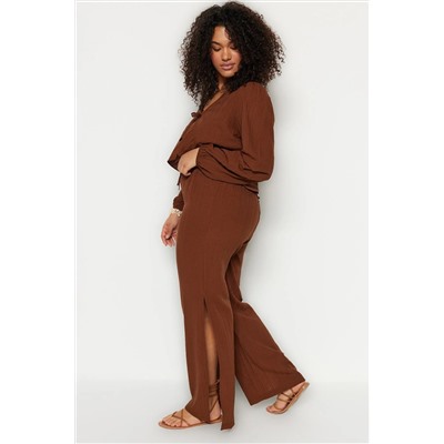 Brown Slip подробный высокий Laral Bürümcük Wide Paja Beach Clothing Plants Tbbss23ar00012