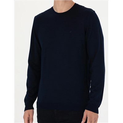 Navy Blue Slim Fit Bike Worke Wool Смешанный базовый вязаный свитер