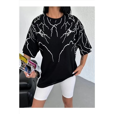 Футболка Oversize с круглым вырезом унисекс с принтом - черная