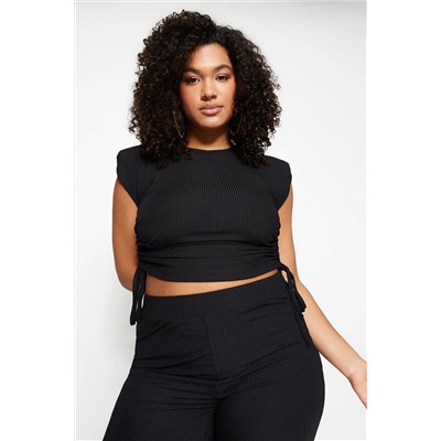 Черные стороны Shirred Homebold вязаная урожая Blought Blouse TBBSS23AF00011