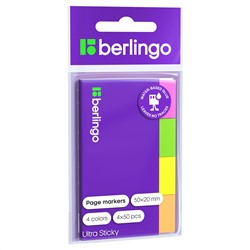 Флажки-закладки Berlingo "Ultra Sticky", 20*50мм, 50л*4 неоновых цвета