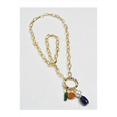 Золотое ожерелье-цепочка с натуральным камнем и жемчугом 22Y04NECKLACE004