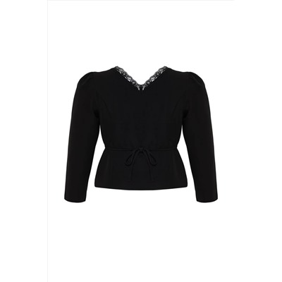 Черное кружево v -neck кнопка большого размера тканая блузка TBBSS24AF00091