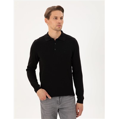 Black Slim Fit Polo yaka Basic Knitwear Kazakh