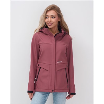 Ветровка спортивная женская с капюшоном softshell малинового цвета 9566M