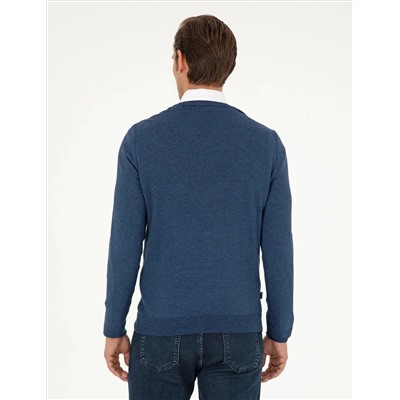 Indigo melanj Slim Fit v Neck Basic вязаный свитер