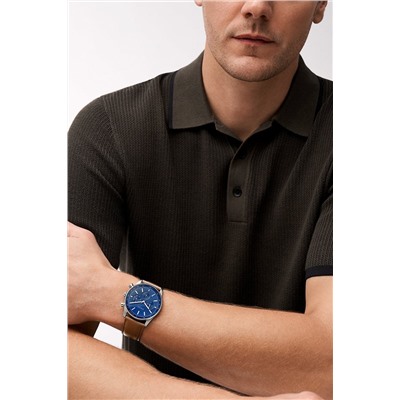 Reloj de cuarzo de piel Sullivan - Taquímetro - Camel y azul oscuro
