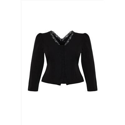 Черное кружево v -neck кнопка большого размера тканая блузка TBBSS24AF00091