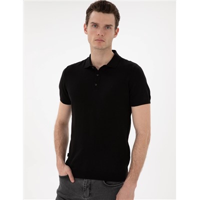Black Slim Fit Button Polo Yaka Knitwear T -Fork