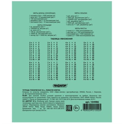 Тетрадь Пифагор, зеленая обложка, линия с полями, офсет №2 эконом, 18 листов