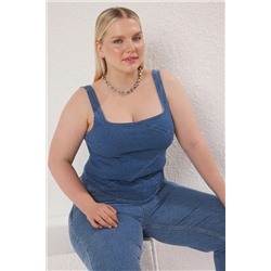 Blue Square Corm Strap Denim Blough Size Blouse TBBSS25AF00103