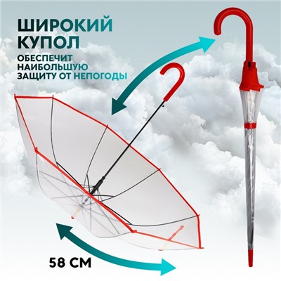 Зонт - трость полуавтоматический «Стиль», 8 спиц, R=51/58 см, D = 102 см, прозрачный, красный