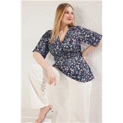 Blue Flower Patchered Cruve Curve Gipe детально вязание блузки большого размера TBBSS25AF00083