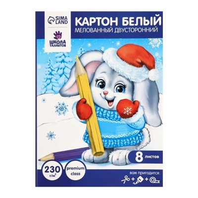 Картон белый А4, 8 листов двусторонний, мелованный, блок 230 г/м2, EXTRA белизна, в папке