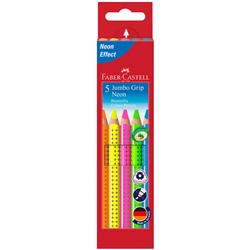 Карандаши цветные Faber-Castell "Jumbo Grip Neon", 05цв., неон, трехгр., утолщ., заточ., картон, европодвес