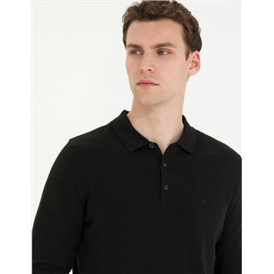 Black Slim Fit Polo yaka Basic Knitwear Kazakh