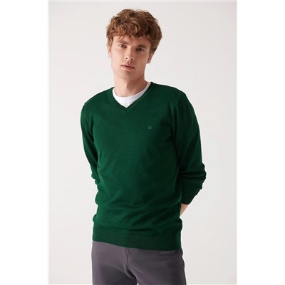 Зеленый v -neck шерстяной смешанный вязаный свитер