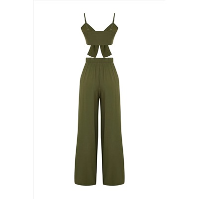 Khaki Plaining Buse Bants Bants Set Tbess22au0108