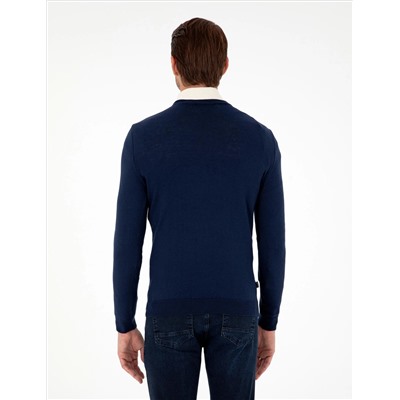 Открытый темно -синий Slim Fit V Neck Basic вязаной свитер