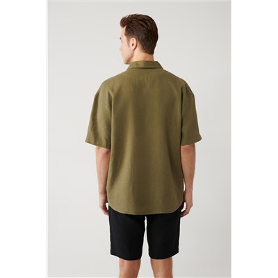 Khaki Apaj Yaka 100 %льняная рубашка с коротким рукавом