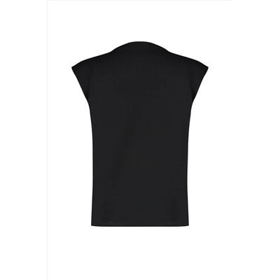 Черная лодочная воротник с нулевым рукавом футболка Shirred вязание Twoss24ts00051