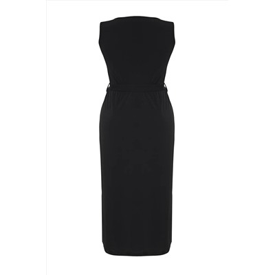 Black Connect Detred Midi V -neck Гибкое вязаное платье TBBSS25AH00015