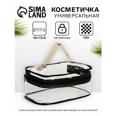 Косметичка-сундучок на молнии, маленькая, с ручкой, прозрачная, чёрная