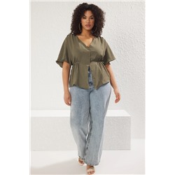 Khaki weaving v -neck -связывающая блузка tbbss22bz0753